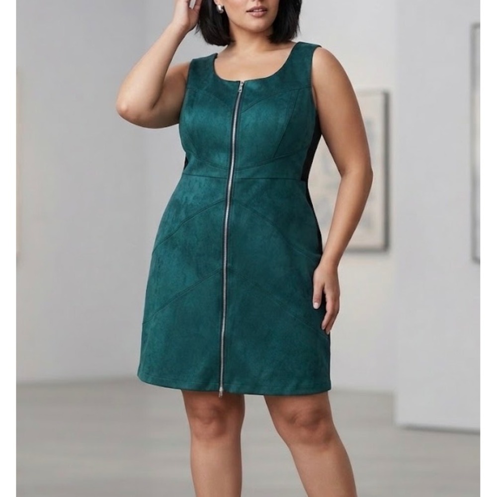 Rebel Wilson x Angels Green Faux Suede Full Zip Sheath Dress Womens 14W